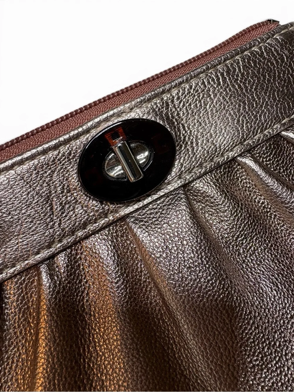 Coach Metallic Rose Gold Poppy Pleated Wristlet Turnlock Clutch EUC